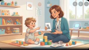 Современная иллюстрация ребенка и педагога, стимулирующих развитие речи двухлетнего малыша в учебном центре